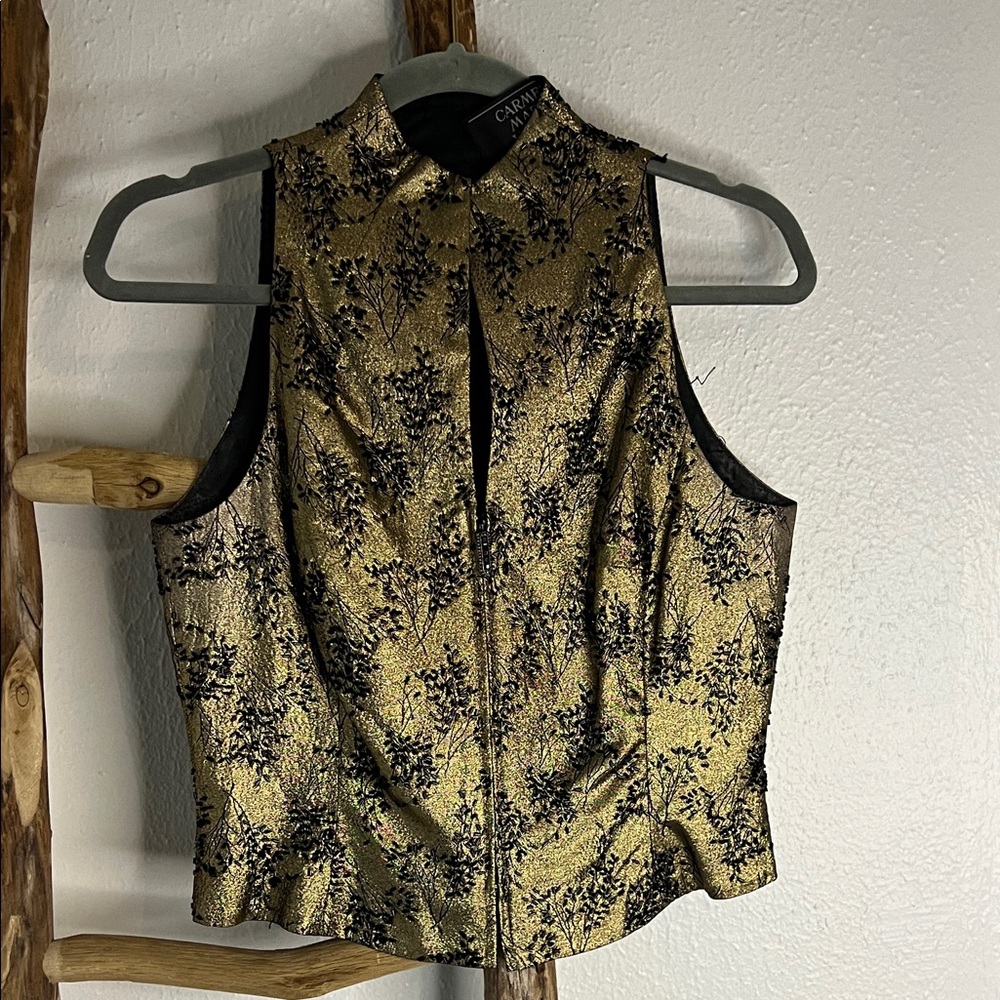 Carmen Marc Valvo Gold and Black Beaded Sleeveless Top Vest S/M